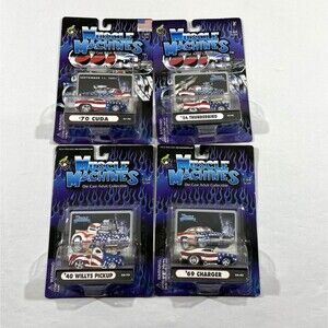 Lot of 4 Muscle Machines Die Cast American Flag 1:64 Thunderbird Cuda Charger